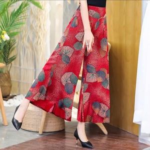 Women high waist elastic printed floral wide leg culotte pants trouser plus size